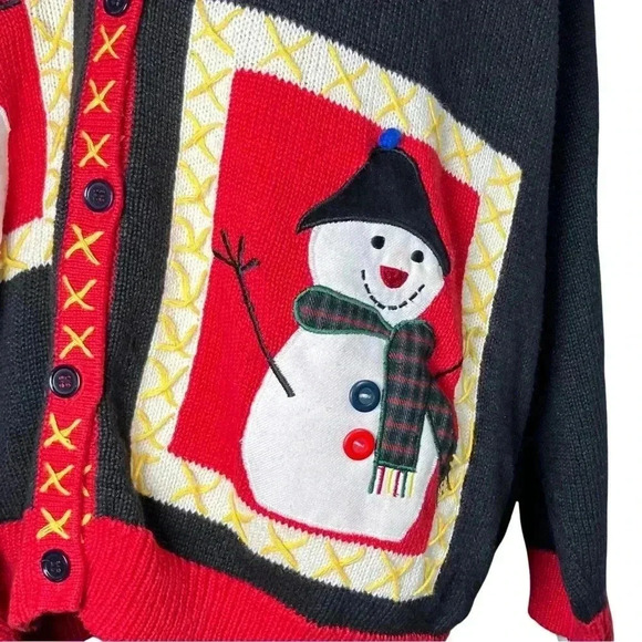 Vintage 90s Snowman Ugly Christmas Sweater Grandmacore Cardigan. L/XL Maximalist - Picture 6 of 8